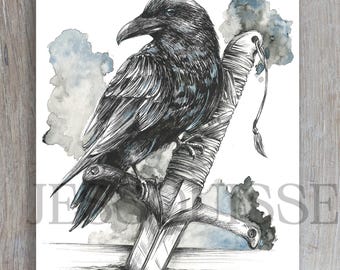 Crow illustration / Crow and dagger drawing / Humorous drawing / Animal illustration / Signed animal art print
