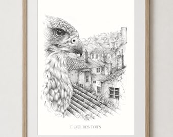 Konsttryck Lyon – Takens öga – Svartvit illustration – Väggkonst Lyon – Lyon Inhabited Collection