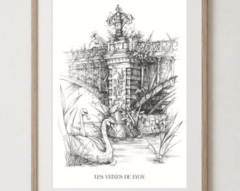 Kunstdruck Lyon – Die Adern von Lyon – Schwarz-Weiß-Illustration – Wandbild Lyon – Sammlung „Bewohntes Lyon“
