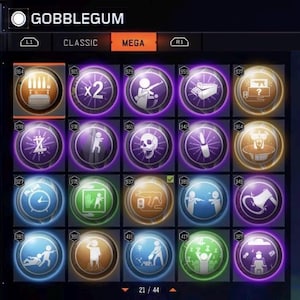 Pode incluir: Interface de jogo mostrando 'Gobblegum' com &iacute;cones circulares e gr&aacute;ficos &uacute;nicos. A interface inclui op&ccedil;&otilde;es 'Classic' e 'Mega', com o texto '21/44' na parte inferior.
