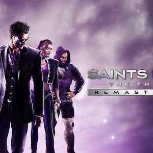 May include: A promotional graphic for the video game Saints Row: The Third Remastered featuring five characters standing in a line against a purple cloudy background. The title text Saints Row: The Third Remastered is displayed on the right side.