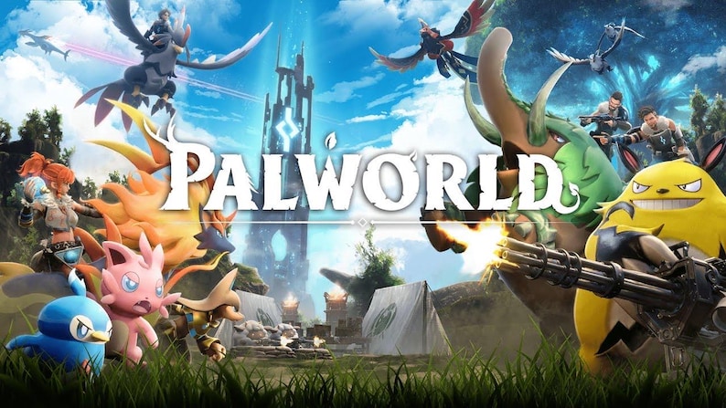 Puede incluir: Ilustraci&oacute;n digital vibrante con el t&iacute;tulo "PALWORLD". La imagen presenta criaturas fant&aacute;sticas, incluyendo un personaje amarillo con ametralladora y un ave azul, sobre un fondo detallado con tiendas de campa&ntilde;a y personajes.