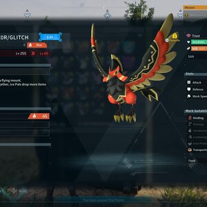 Puede incluir: Una pantalla digital muestra un p&aacute;jaro estilizado con plumas rojas, negras y doradas. El p&aacute;jaro es el foco, con una interfaz de juego superpuesta, que muestra estad&iacute;sticas, nivel y otra informaci&oacute;n del juego. El texto "Pal Stats" es visible.