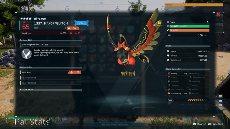 Puede incluir: Una pantalla digital muestra un p&aacute;jaro estilizado con plumas rojas, negras y doradas. El p&aacute;jaro es el foco, con una interfaz de juego superpuesta, que muestra estad&iacute;sticas, nivel y otra informaci&oacute;n del juego. El texto "Pal Stats" es visible.