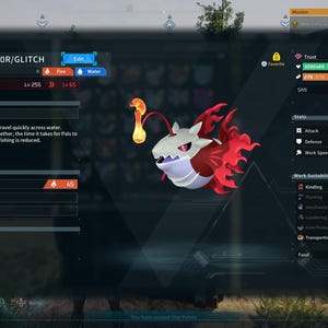Puede incluir: Una interfaz digital muestra una criatura con cabeza blanca, aletas rojas y una linterna naranja brillante. La interfaz muestra estad&iacute;sticas, incluido el nivel 65, y el texto "1337_H4X0R/GLITCH". El juego tambi&eacute;n muestra "Pal Stats".
