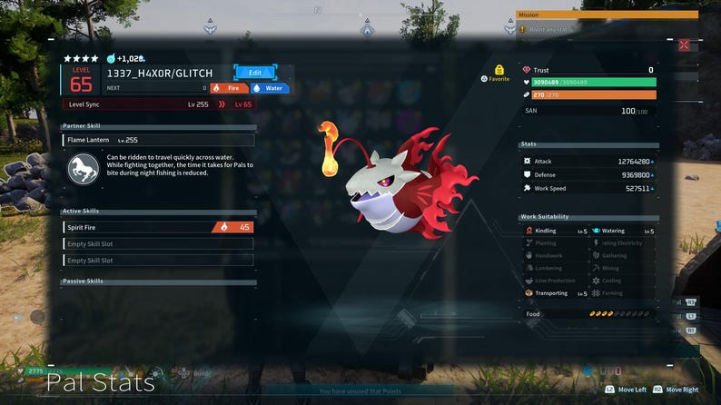 Puede incluir: Una interfaz digital muestra una criatura con cabeza blanca, aletas rojas y una linterna naranja brillante. La interfaz muestra estad&iacute;sticas, incluido el nivel 65, y el texto "1337_H4X0R/GLITCH". El juego tambi&eacute;n muestra "Pal Stats".