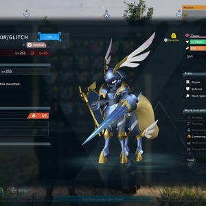 Puede incluir: Ilustraci&oacute;n digital de un personaje de videojuego, un caballero sobre un caballo, con armadura azul y dorada y una espada. La imagen incluye estad&iacute;sticas del juego y texto, incluyendo "1337_H4X0R/GLITCH" y "Spirit Fire".