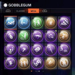 May include: A screen showing a selection of 'Gobblegum' items, each with a circular icon and a unique graphic and number. The interface includes options for 'Classic' and 'Mega' selections, with the 'Mega' option highlighted.