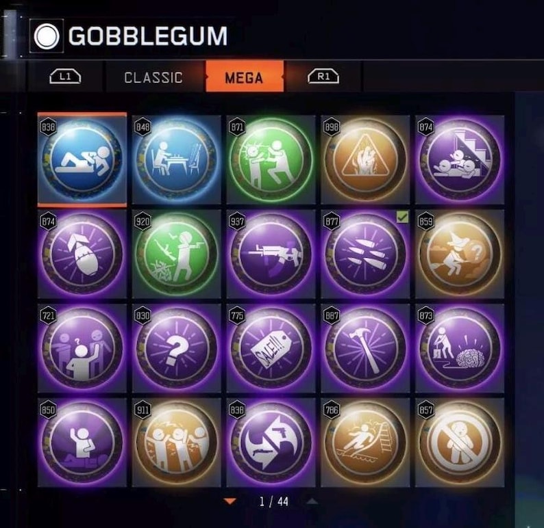 Pode incluir: Uma tela exibindo uma sele&ccedil;&atilde;o de itens "Gobblegum", cada um representado por um &iacute;cone circular com um gr&aacute;fico e um n&uacute;mero exclusivos. A interface inclui op&ccedil;&otilde;es para sele&ccedil;&otilde;es "Classic" e "Mega", com a op&ccedil;&atilde;o "Mega" destacada.