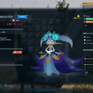 Puede incluir: Una captura de pantalla de un videojuego con un personaje con una diadema floral y una capa morada. El personaje es de nivel 65, con estad&iacute;sticas y cuadros de texto. El texto "Pal Stats" es visible en la parte inferior.