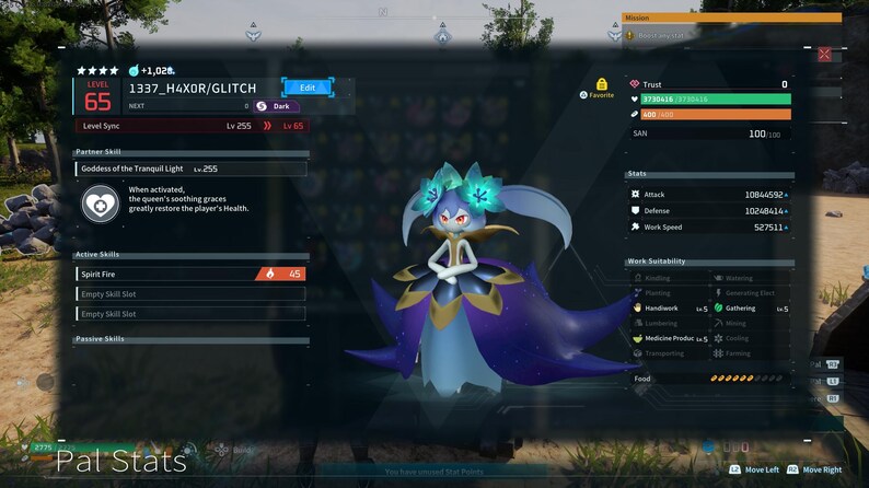 Puede incluir: Una captura de pantalla de un videojuego con un personaje con una diadema floral y una capa morada. El personaje es de nivel 65, con estad&iacute;sticas y cuadros de texto. El texto "Pal Stats" es visible en la parte inferior.