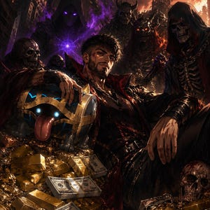 May include: A dark fantasy illustration featuring a bearded man in a red and black coat sitting amidst gold bars, stacks of hundred-dollar bills, and skulls. A blue-eyed, tongue-protruding treasure chest creature sits beside him under shadowy figures.