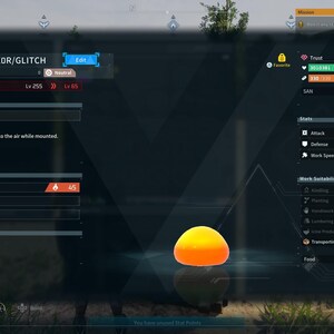 Puede incluir: Una interfaz digital muestra estad&iacute;sticas del juego, incluyendo nivel, habilidades y estad&iacute;sticas. Una masa naranja brillante est&aacute; en primer plano. La interfaz muestra el nombre "1337_H4XOR/GLITCH" y el nivel 65. El texto "Pal Stats" est&aacute; en la parte inferior.