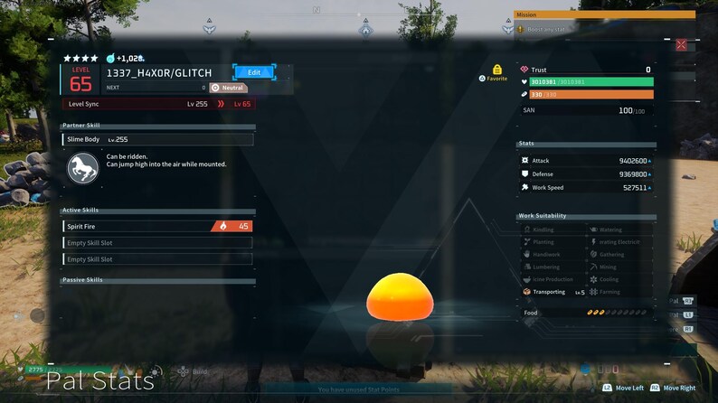 Puede incluir: Una interfaz digital muestra estad&iacute;sticas del juego, incluyendo nivel, habilidades y estad&iacute;sticas. Una masa naranja brillante est&aacute; en primer plano. La interfaz muestra el nombre "1337_H4XOR/GLITCH" y el nivel 65. El texto "Pal Stats" est&aacute; en la parte inferior.