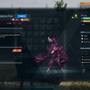 Puede incluir: Una captura de pantalla de un videojuego con una criatura p&uacute;rpura con forma de escorpi&oacute;n y ojos amarillos. La interfaz del juego muestra estad&iacute;sticas, habilidades e informaci&oacute;n de nivel, incluyendo el texto "1337_H4X0R/GLITCH" y "Pal Stats".