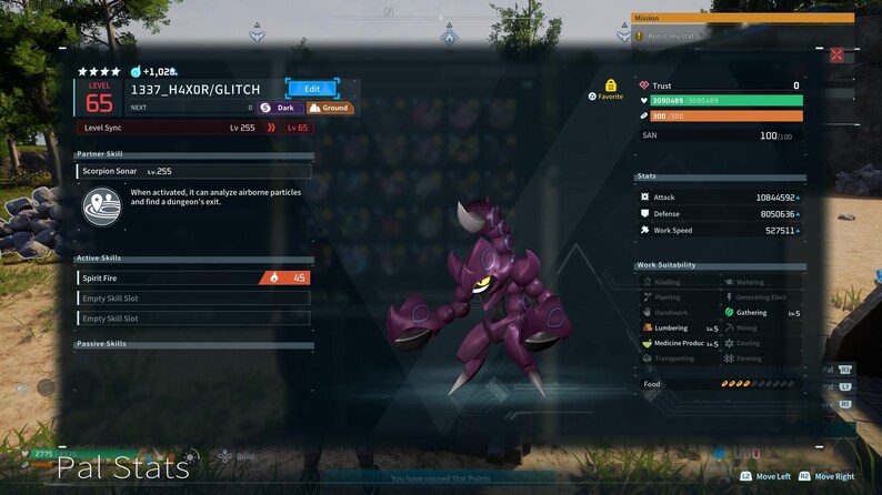Puede incluir: Una captura de pantalla de un videojuego con una criatura p&uacute;rpura con forma de escorpi&oacute;n y ojos amarillos. La interfaz del juego muestra estad&iacute;sticas, habilidades e informaci&oacute;n de nivel, incluyendo el texto "1337_H4X0R/GLITCH" y "Pal Stats".