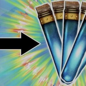 Pode incluir: Uma ilustra&ccedil;&atilde;o mostra uma transforma&ccedil;&atilde;o. Um &uacute;nico frasco azul com tampa de corti&ccedil;a transforma-se num grupo de cinco frascos semelhantes. Os frascos t&ecirc;m um efeito de gradiente e o fundo &eacute; uma explos&atilde;o de luz colorida.