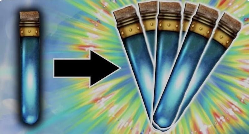 Pode incluir: Uma ilustra&ccedil;&atilde;o mostra uma transforma&ccedil;&atilde;o. Um &uacute;nico frasco azul com tampa de corti&ccedil;a transforma-se num grupo de cinco frascos semelhantes. Os frascos t&ecirc;m um efeito de gradiente e o fundo &eacute; uma explos&atilde;o de luz colorida.