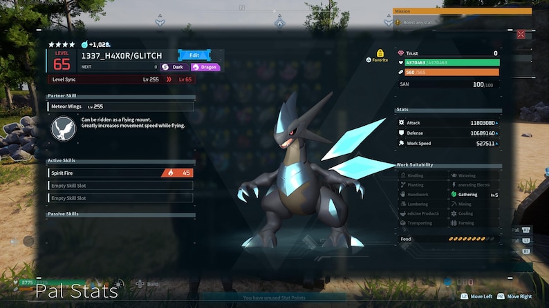 Puede incluir: Una pantalla digital que muestra una criatura oscura con forma de drag&oacute;n con detalles y alas azules. La pantalla muestra estad&iacute;sticas del juego, incluyendo nivel, habilidades y capacidades. El texto "Pal Stats" es visible.