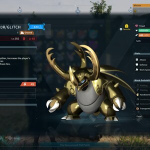 Puede incluir: Una criatura dorada con forma de escarabajo con grandes cuernos y garras blancas se muestra en una pantalla con estad&iacute;sticas del juego. La pantalla muestra el nivel, las estad&iacute;sticas y las habilidades de la criatura, incluyendo "Spirit Fire".