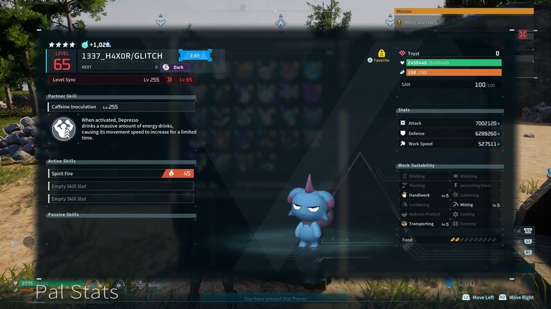 Puede incluir: Una criatura azul con un cuerno rosa y una expresi&oacute;n malhumorada se muestra en una pantalla con estad&iacute;sticas del juego. La pantalla muestra el nivel, las habilidades y otra informaci&oacute;n de la criatura. El texto "Pal Stats" es visible en la parte inferior.
