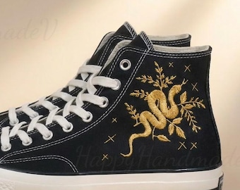 Custom Converse Embroidery Shoes, Blue Flower Embroidered Converse 1970s, Golden Snake Embroidery Sneakers Custom
