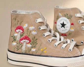 Custom Converse Embroidery Shoes, Small Flower Embroidered Converse 1970s, Mushroom Embroidery Flowers Embroidered Sneakers Custom