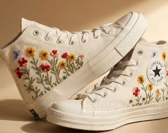 Custom Converse Embroidery Shoes, Blue Flower Embroidered Converse 1970s, Yellow Flower and Butterfly Embroidery Sneakers Custom