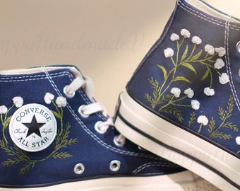Aangepaste Converse-borduurschoenen, witte bloem geborduurde Converse jaren 1970, paardebloem madeliefjebloem borduurwerk sneakers aangepaste lelie borduurwerk