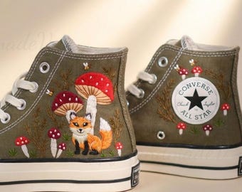 Custom Converse Embroidery Shoes, Small Flower Embroidered Converse 1970s, Fox MushroomEmbroidery   Sneakers Custom
