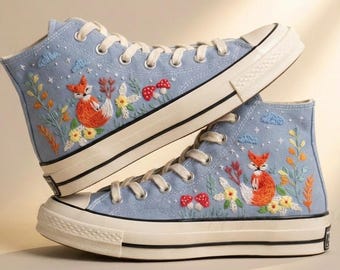 Aangepaste Converse-borduurschoenen, Converse jaren 70, geborduurde kattenvos