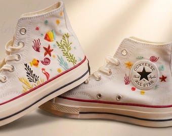 Custom Converse Embroidery Shoes, Small Flower Embroidered Converse 1970s, Fish and Water Grass Embroidery Sneakers Custom