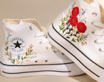 Custom Converse Embroidery Shoes, Chunky-soled Converse sneakers White Daisy Bee Flower Embroidery Sneakers Custom
