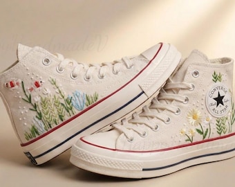 Custom Converse Embroidery Shoes, Small Flower Embroidered Converse 1970s, Aquatic Plants fish Embroidered Sneakers Custom