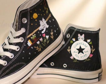 Custom Converse Embroidery Shoes, Small Flower Embroidered Converse 1970s, Animal Cat Embroidery Sneakers Custom