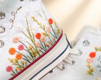 Custom Converse Embroidery Shoes, Small Flower Embroidered Converse 1970s, White daisies and colorful roses Sneakers Custom