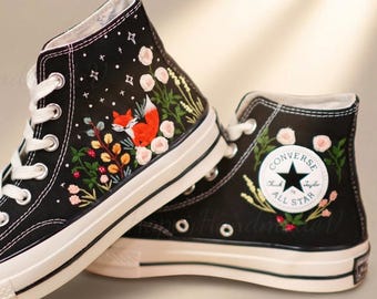Custom Converse Embroidery Shoes, Small Flower Embroidered Converse 1970s, Fox Rose Star Embroidery   Sneakers Custom
