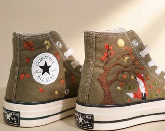 Custom Converse Embroidery Shoes, Small Flower Embroidered Converse 1970s, Fox Moon Embroidery   Sneakers Custom