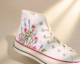 Custom Converse Embroidery Shoes, Small Flower Embroidered Converse 1970s, Lavender Rose Embroidery Sneakers Custom
