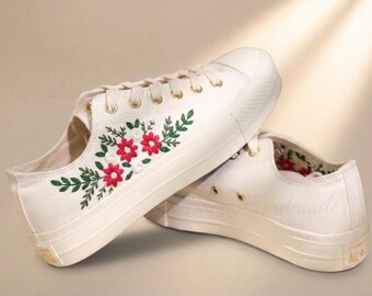 Custom Low-top Converse Embroidery Shoes, Small Flower Embroidered Converse 1970s,Red flower Embroidery Sneakers Custom