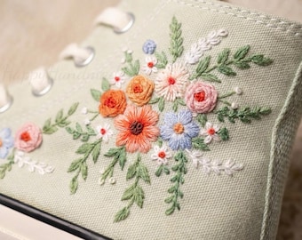 Custom Converse Embroidery Shoes, Small Flower Embroidered Converse 1970s, Flowers Embroidered Sneakers Custom
