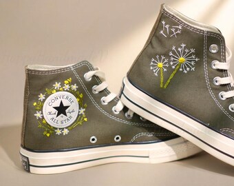 Custom Converse Embroidery Shoes, Blue Flower Embroidered Converse 1970s, Dandelion Daisy Flower Embroidery Sneakers Custom