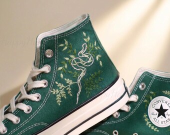 Custom Converse Embroidery Shoes, Blue Flower Embroidered Converse 1970s, White Snake Embroidery Sneakers Custom