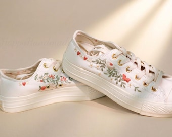 Custom Low-top Converse Embroidery Shoes, Small Flower Embroidered Converse 1970s,Red flower Embroidery Sneakers Custom