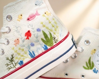 Custom Converse Embroidery Shoes, Small Flower Embroidered Converse 1970s, Fish and Water Grass Embroidery Sneakers Custom