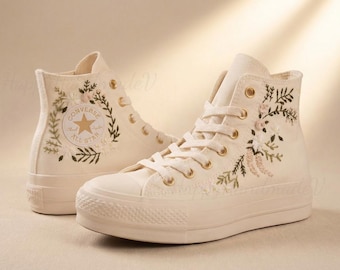 Zapatillas Converse con bordado personalizado, zapatillas Converse de suela gruesa rosas, zapatillas con bordado de flores personalizadas