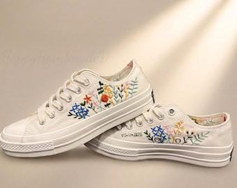 Benutzerdefinierte Low-top Tops Stickerei Schuhe, kleine Blume gestickte converse 1970er Jahre, blaue Blume Stickerei Turnschuhe Kundenspezifische