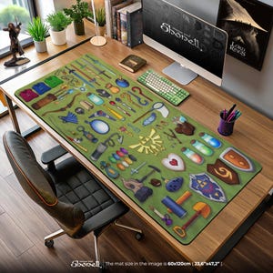 Alfombrilla de ratón con diseño de inventario de Zelda: objetos icónicos de Hyrule, Espada Maestra y Herramientas, alfombrilla de escritorio para gamers, idea de regalo para fans.