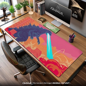 Godzilla Mouse Pad – Atomic Breath Neon City Gaming Desk Mat, Kaiju Vaporwave Style, Monster Movie Gift Decor