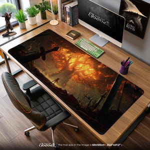 World Tree Mouse Pad – Epic Fantasy WoW-Inspired Gaming Desk Mat, Burning Teldrassil Art, Warrior Setup Gift